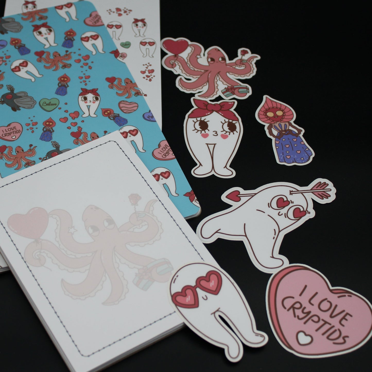 Blue Cryptid Fresno Nightwalker Mothman Kraken Brixie Stapled Notebook Notepad Stickers Valentine Gift Set