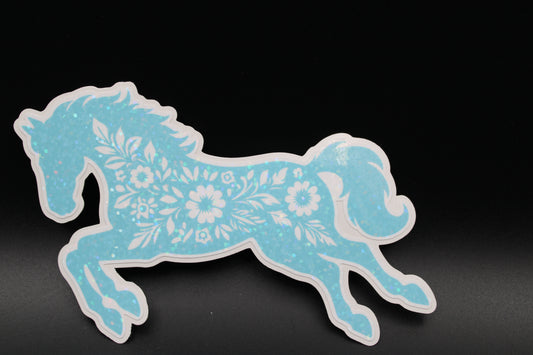 Equestrian Chic: Blue Floral Horse Vinyl Sticker
