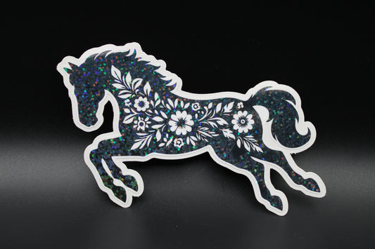 Equestrian Chic: Black Floral Horse Vinyl Sticker