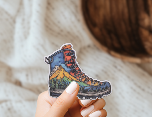 Hiking Boot and Mountains Vinyl Sticker Outdoors