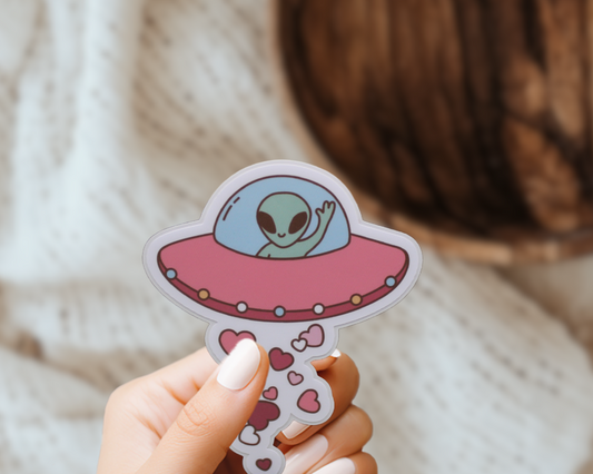Cute Alien Spaceship Cryptid Heart Valentines Vinyl Sticker Gift
