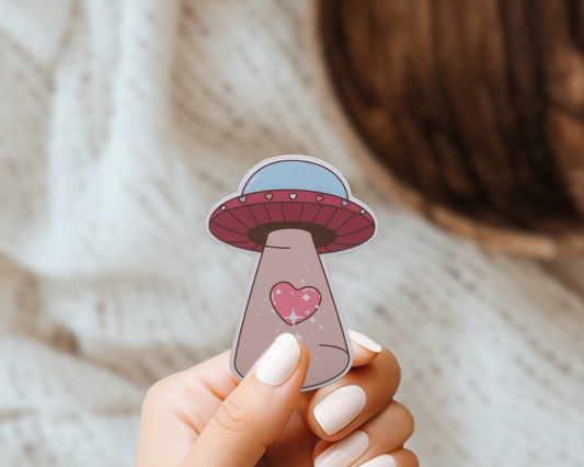 Cute Alien Spaceship Beaming Heart Cryptid Valentines Vinyl Sticker Gift